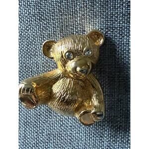 Vintage Teddy Bear Rhinestone Brooch Gold Tone Scarf Lapel Pin Whimsy Artsy